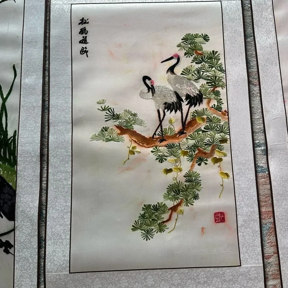 Vintage Chinese Silk Kesi Needlepoint Embroidered Tapestry Scroll 5 Panels Piece